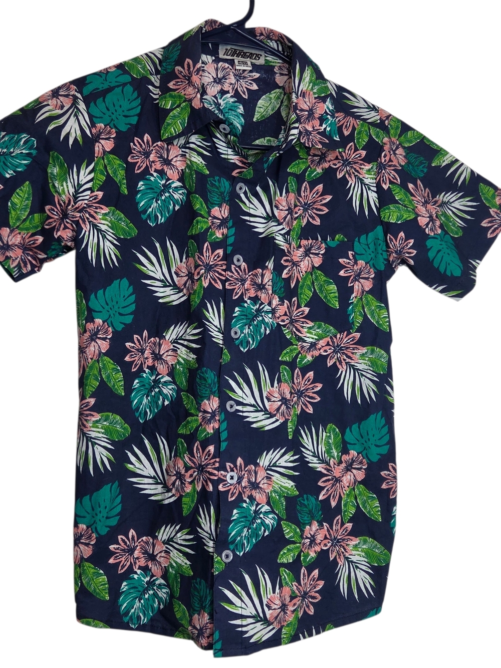 10Threads Boys Hawaiian Floral Button-Up Shirt Navy Pink Green White Sz 10/12